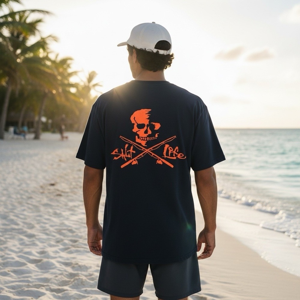 Salt Life Mens Large Navy Blue Orange Skull‎ Fishing Rods Graphic T-Shirt L